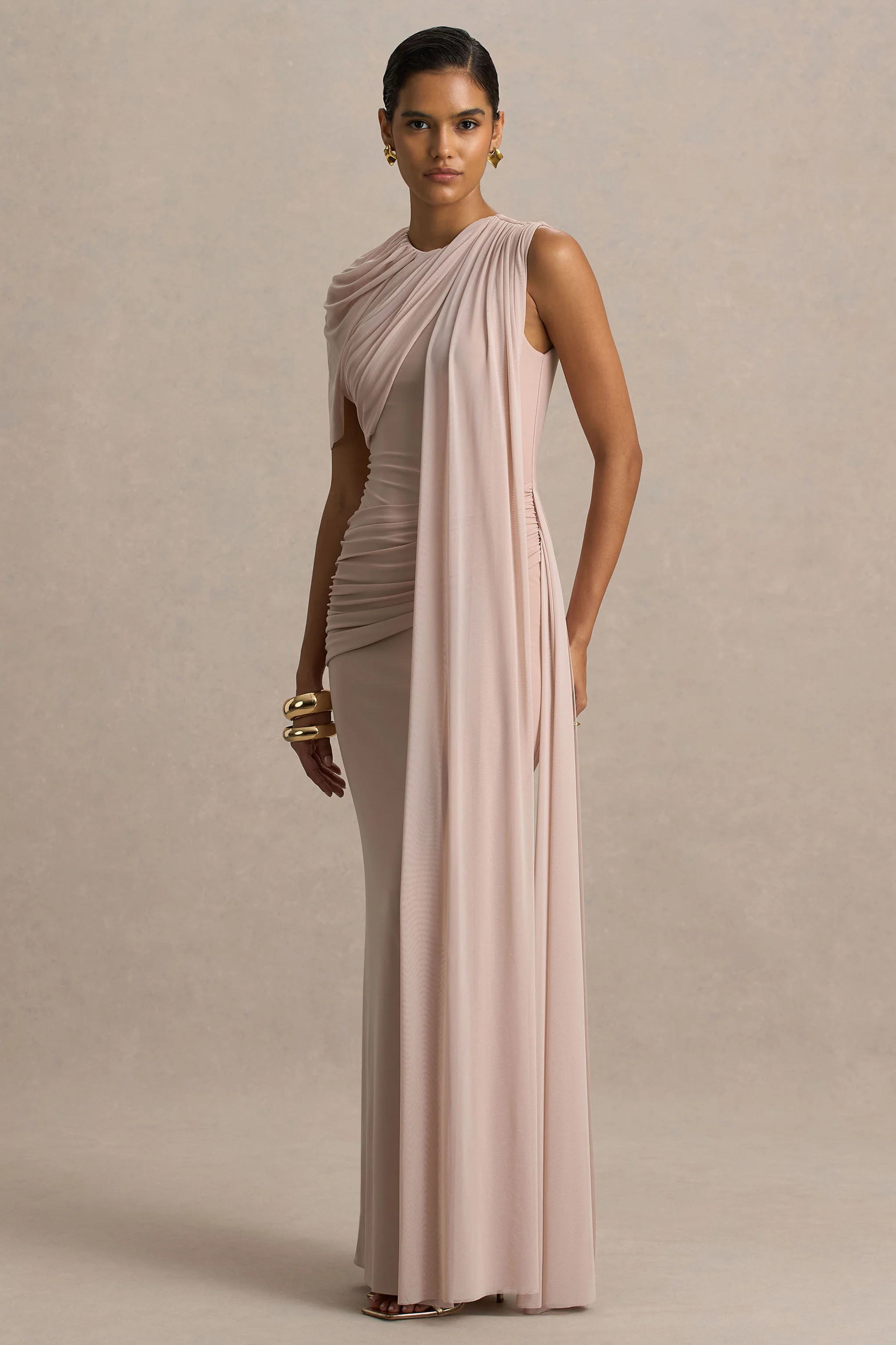 Brenda | Champagne Crew-Neck Maxi Dress With Mesh Cape And Sash