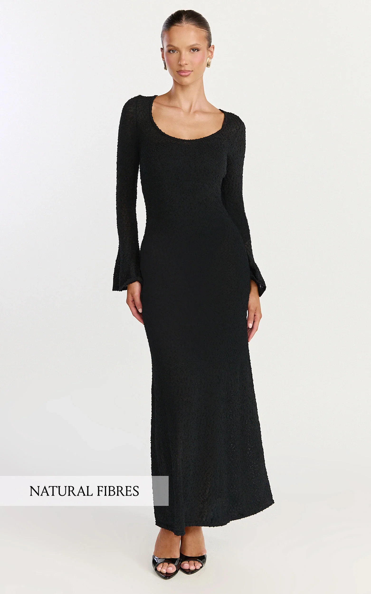 Michelle Maxi Dress - Scoop Neck Flute Sleeve Knit Maxi Dress in Black