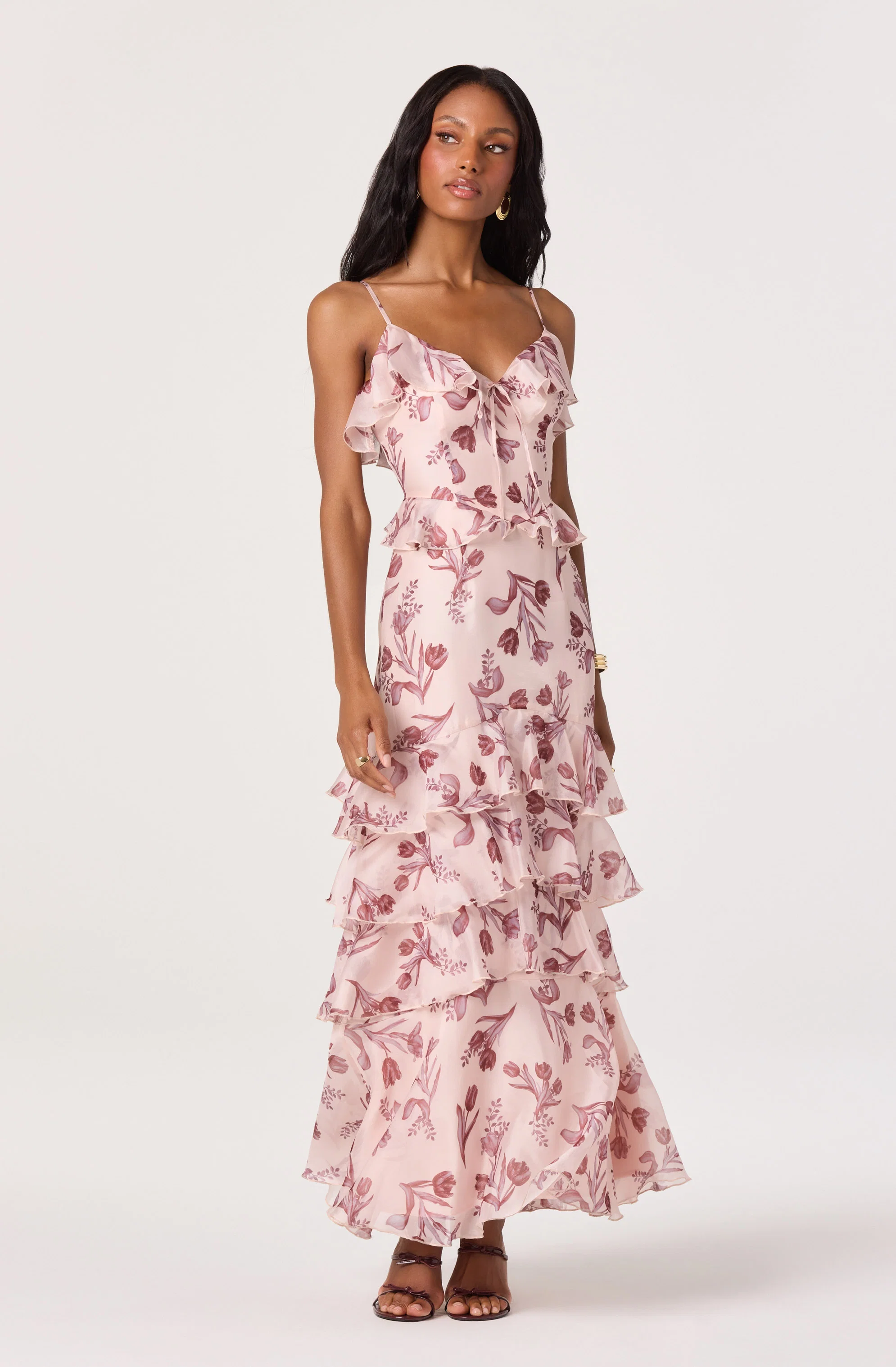 Emiliana V-Neck Ruffle Satin Maxi Dress
