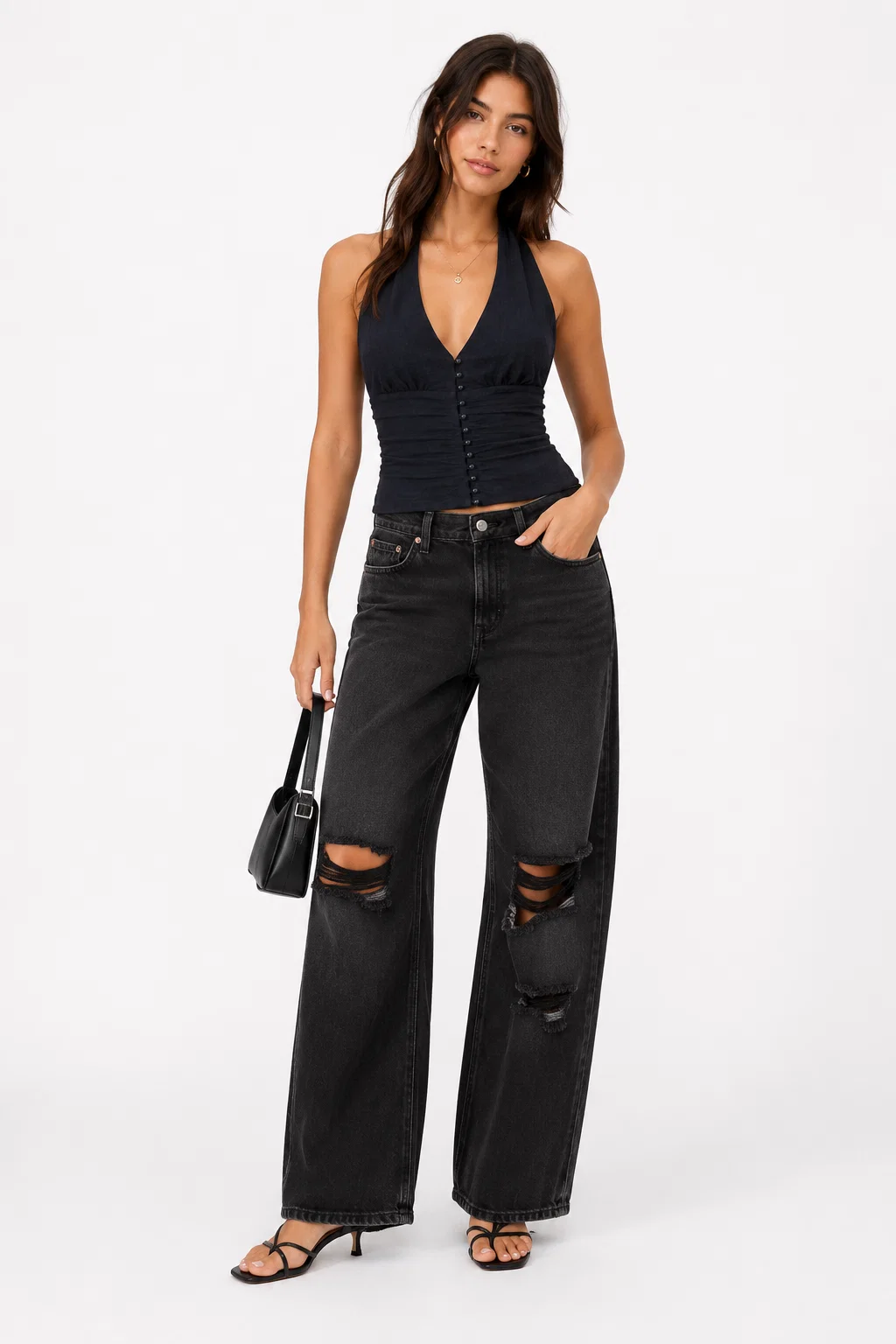 Ruched Button Front Halter Top