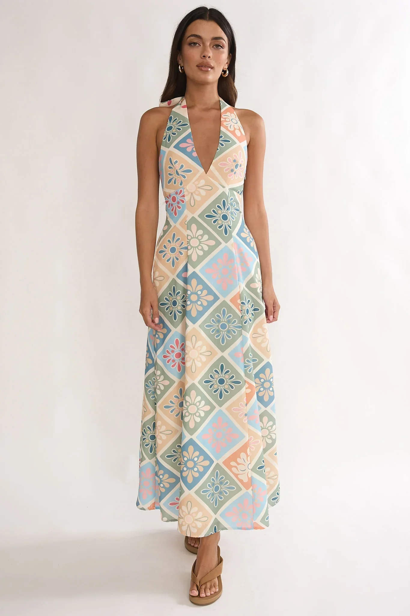 Nolara A-Line Halterneck Maxi Dress Green Multi