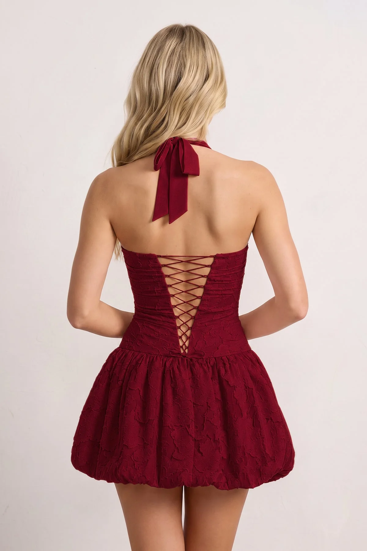 Pink Halter Jacquard Chiffon A-Line Homecoming Dress