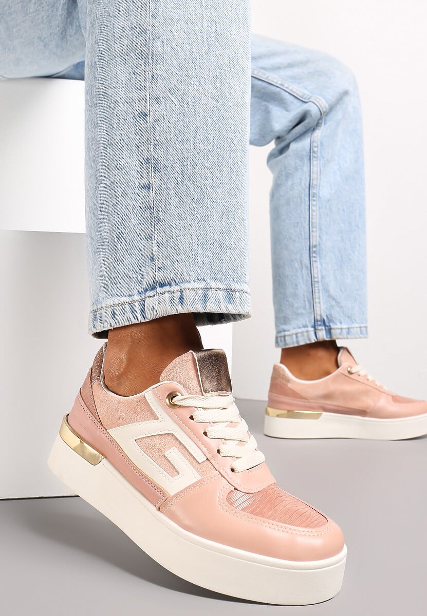 Beżowe Sznurowane Sneakersy na Grubej Podeszwie z Metaliczną Wstawką Faeline