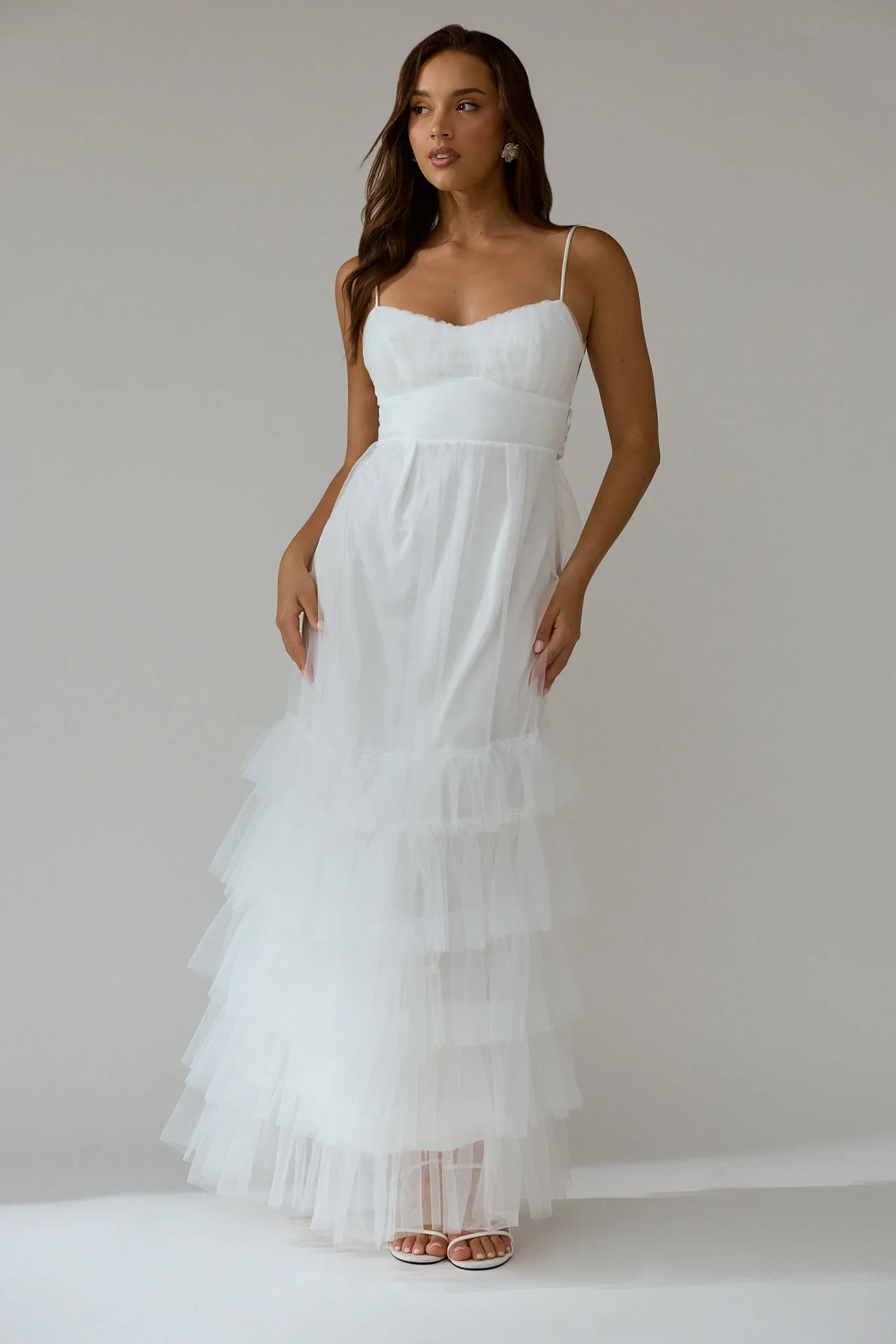 Nerida Twist Back Frill Trim Mesh Maxi Dress White
