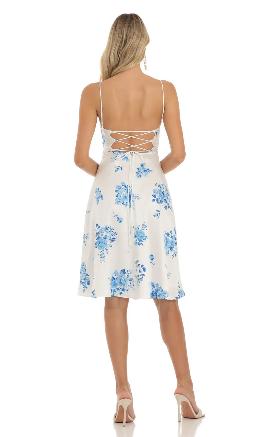 Satin Floral Midi Dress in White - luluinthesky