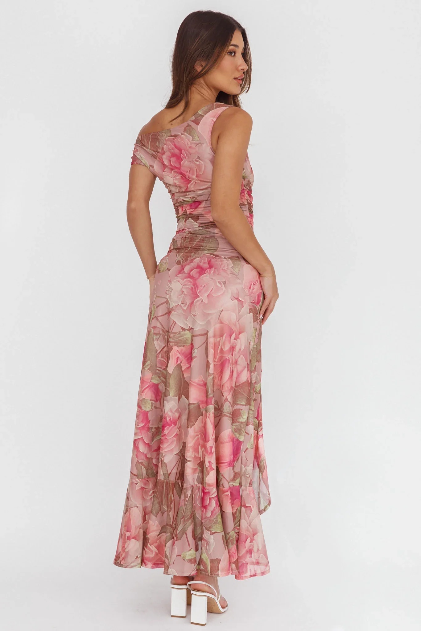 Moonlit Magic Asymmetric Neckline Maxi Dress Floral Blush