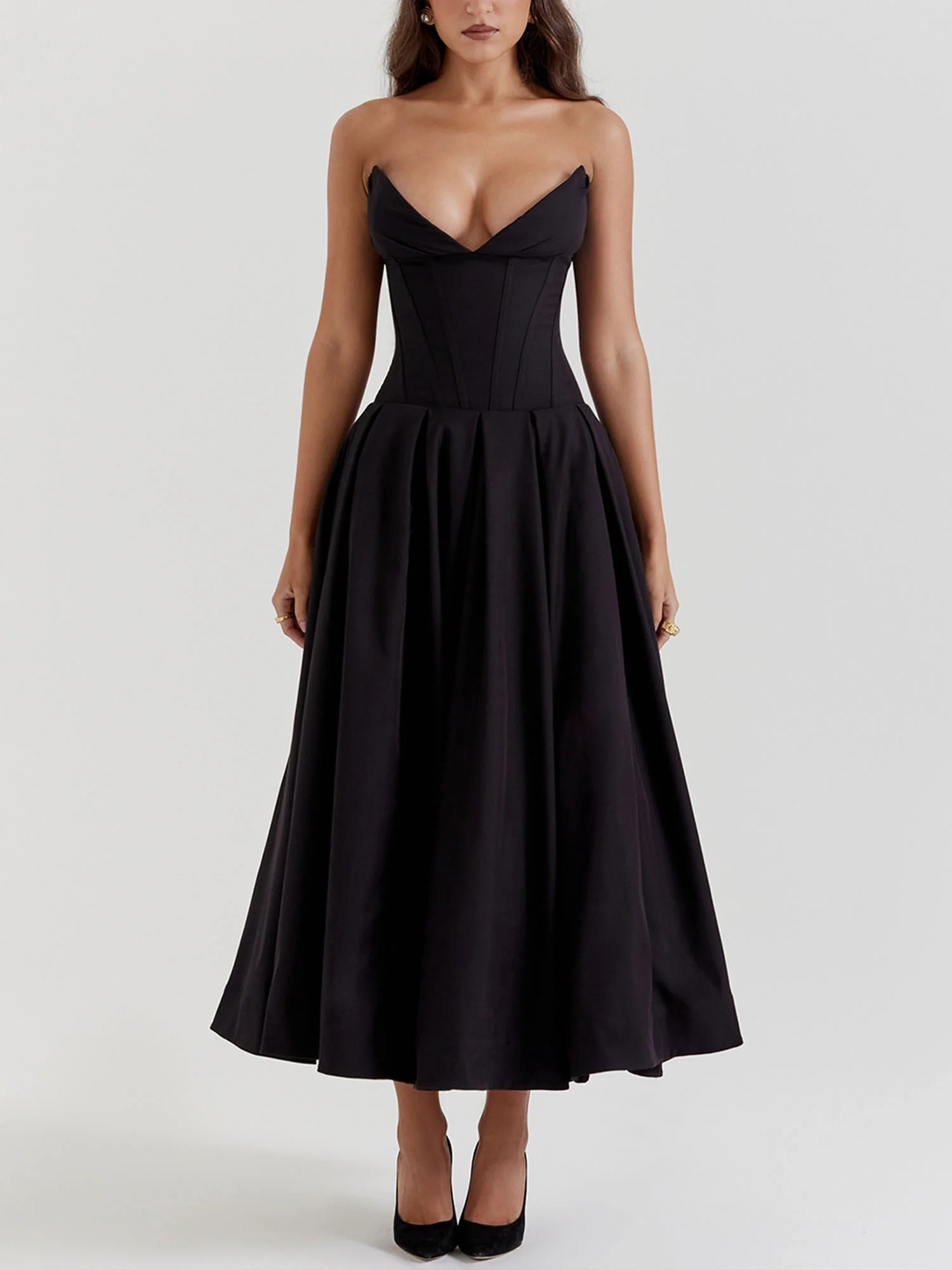 Black Strapless Fit-and-Flare Midi Dress