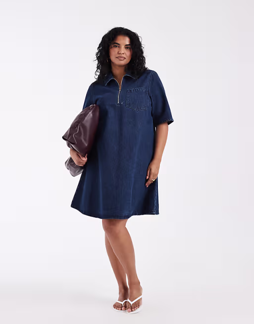 ONLY Curve pleated denim mini dress in rinsed dark blue