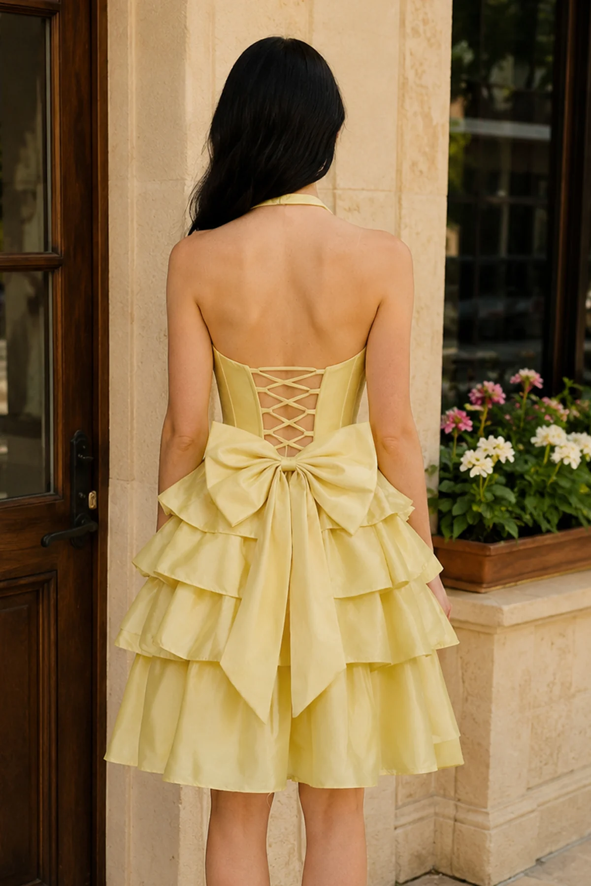 Yellow - Halter A Line Ruffles Satin Homecoming Dress With Bow