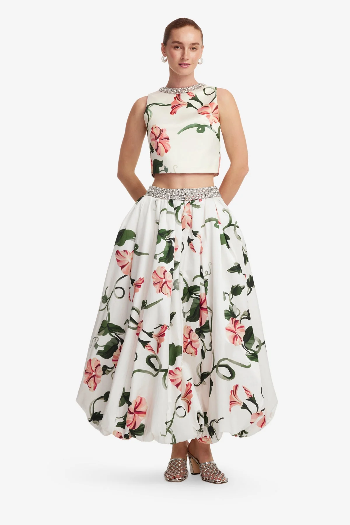 Iris Embellished Top - Vine Print in Snow