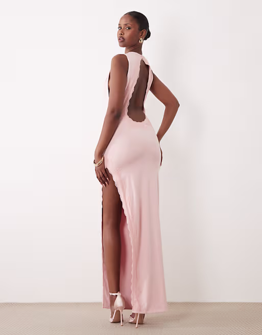 Oh Polly modal halter neck open back detail lace trim maxi dress in blush pink
