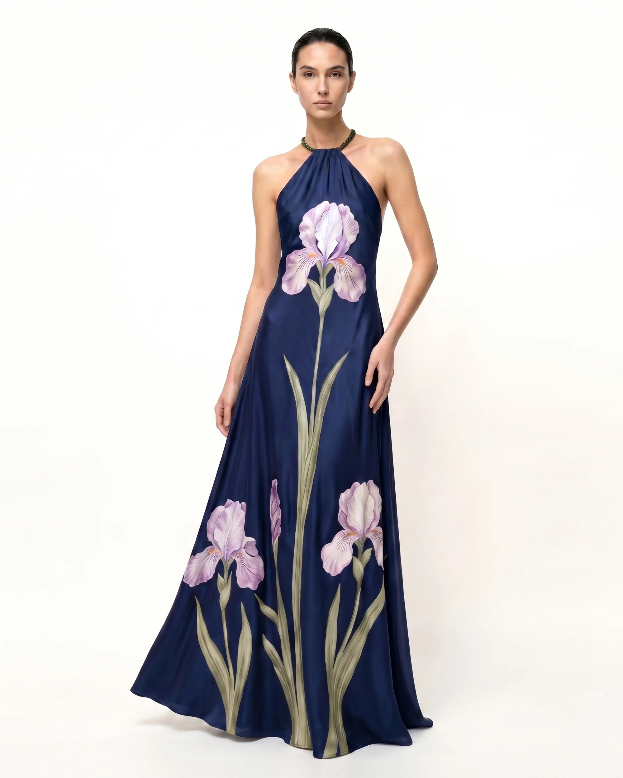 Iris Floral Print Halter Maxi Dress - Midnight Blue