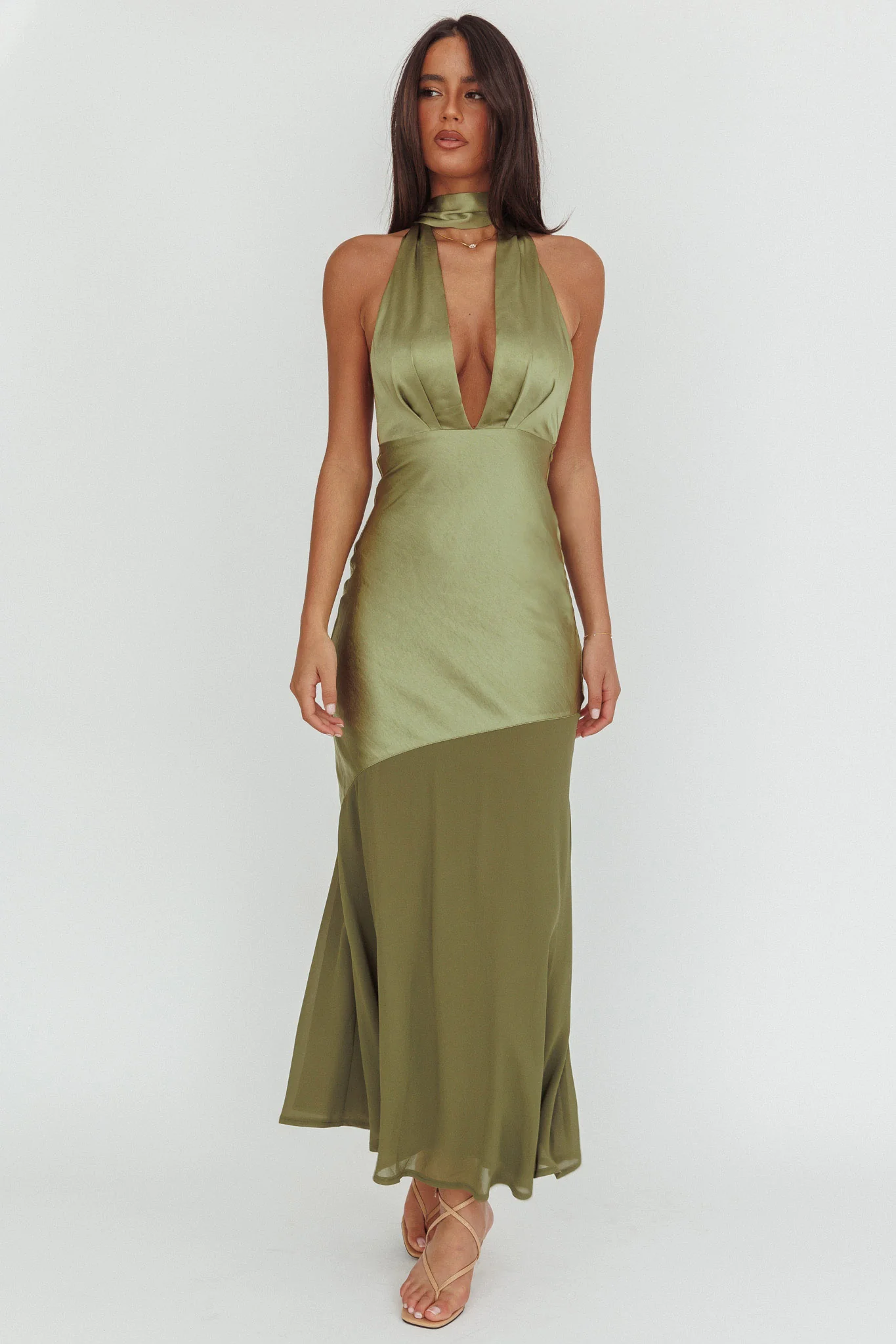 Italia Azure Halterneck Sheer Hem Maxi Dress Olive