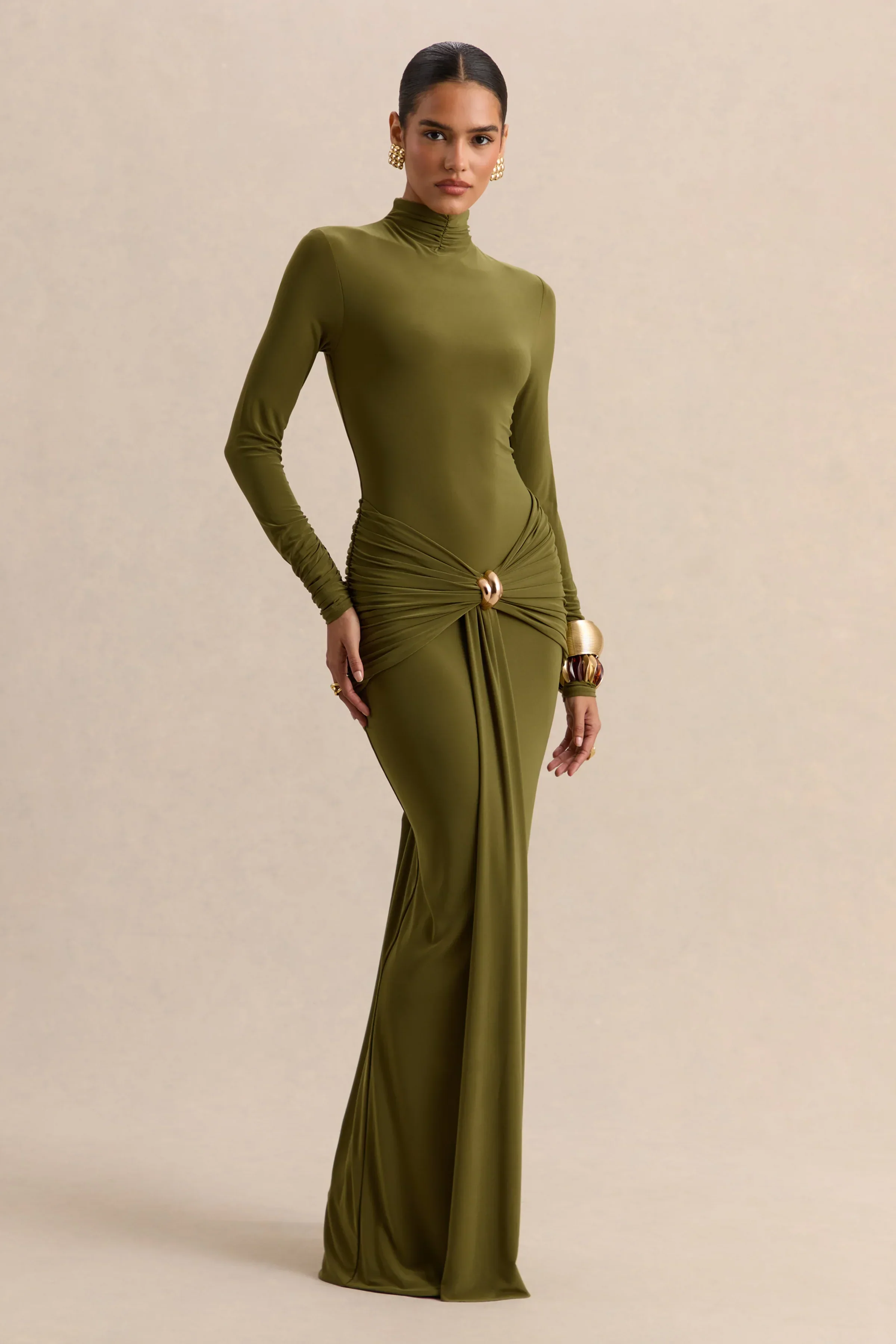 Ambrette | Olive High-Neck Maxi Dress With Gathered-Detailing