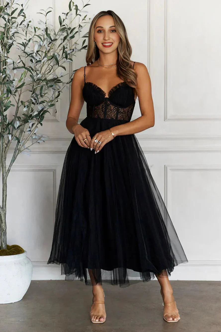 Top Of The Tower Tulle Midi Dress Black - luluinthesky