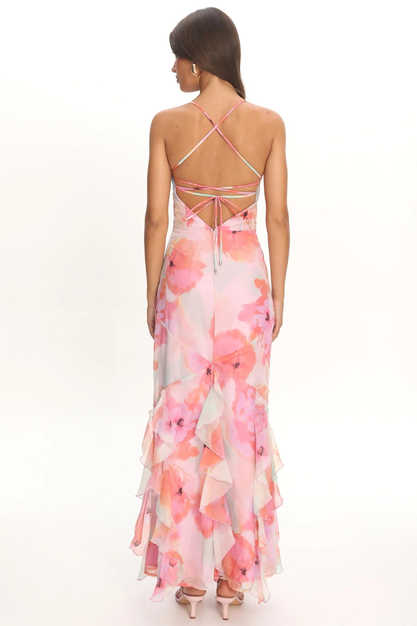 Charlisa Strappy Back Ruffle Maxi Dress Flowers Pink - luluinthesky
