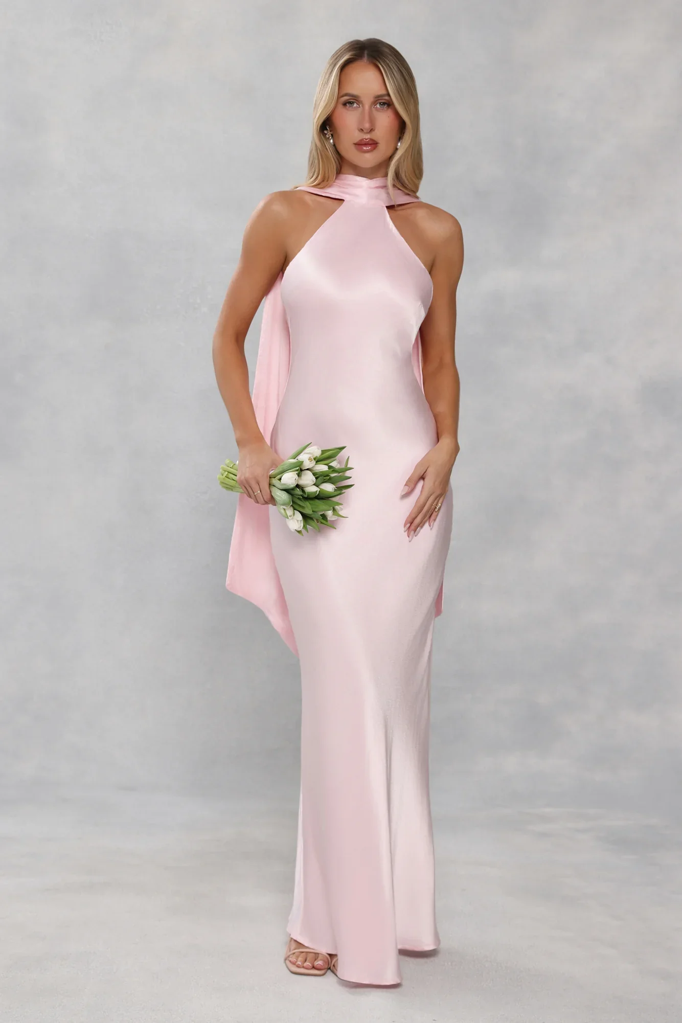 The Vivia Halter Satin Maxi Dress Light Pink