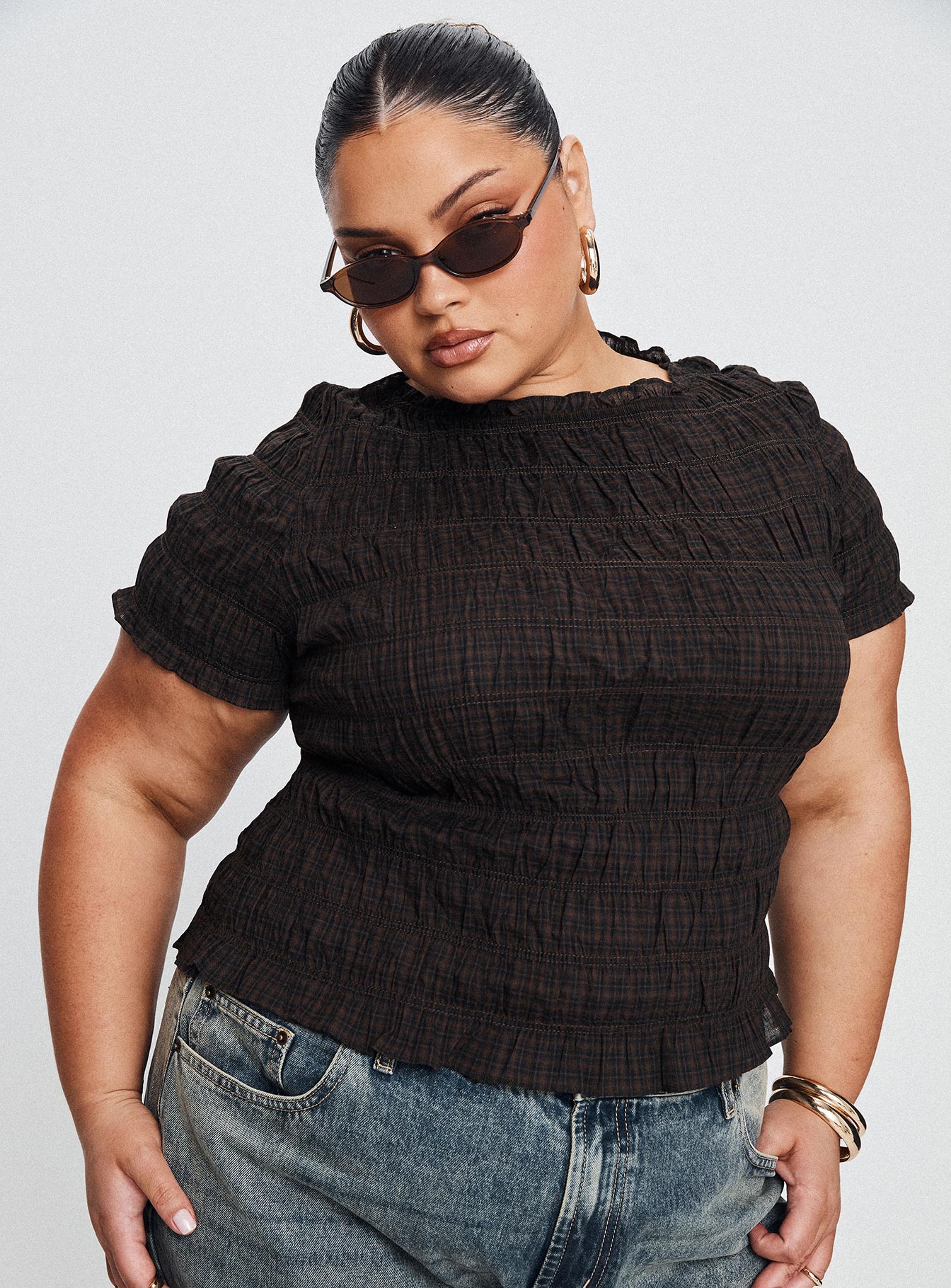 Romelle Shirred Top Black / Brown Plaid