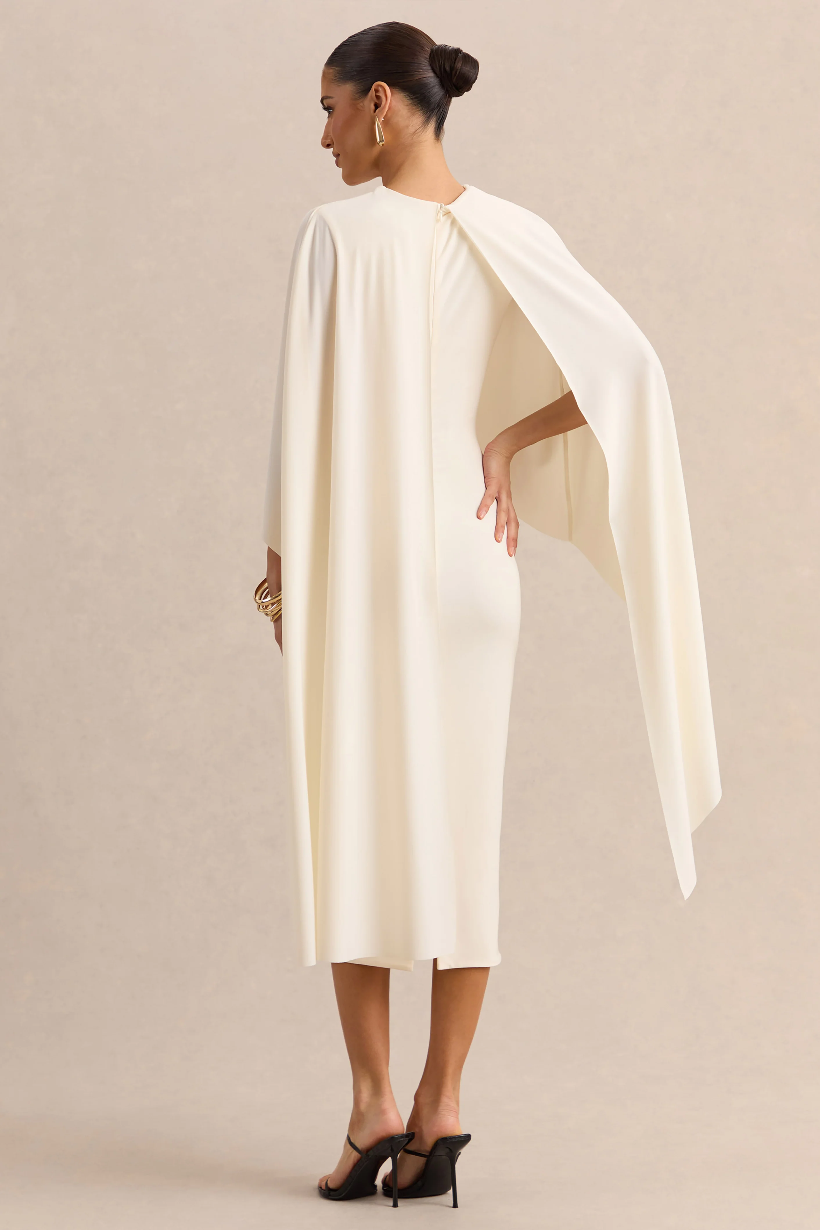 Luxalyn | Cream Round-Neck Midi Dress With Cape-Detail