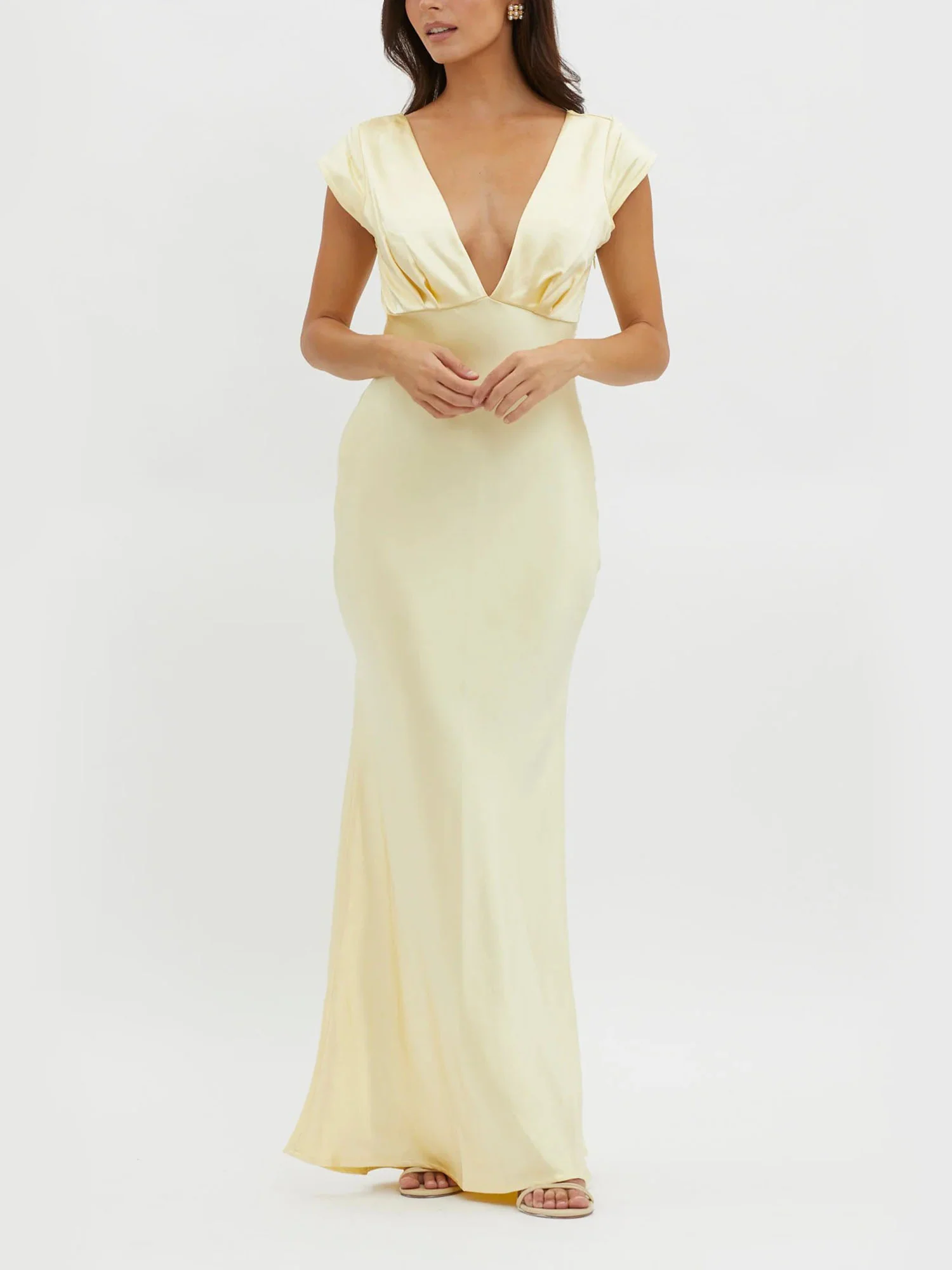 Lemon Cream Plunge Neck Maxi Dress