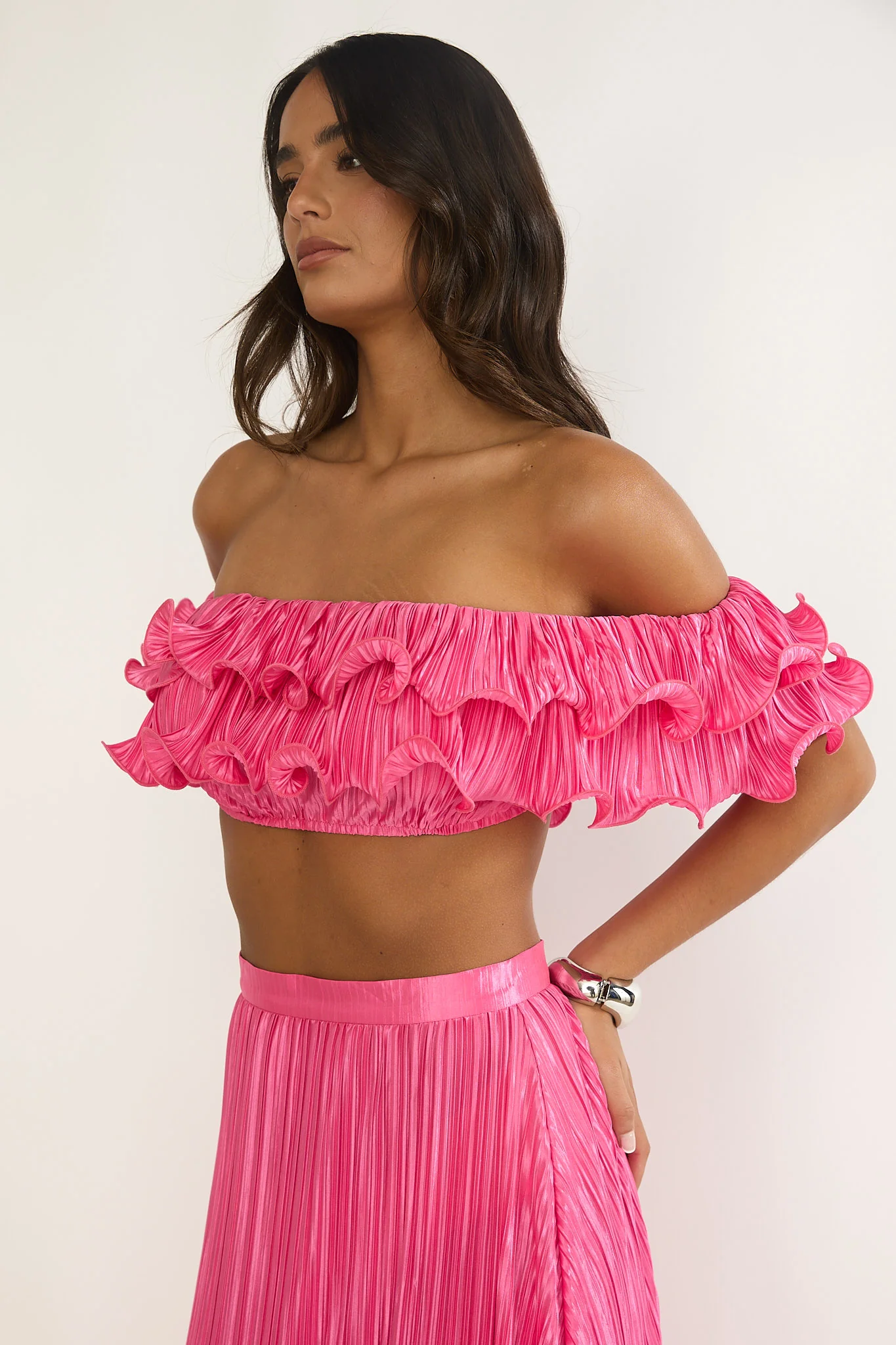 Amaria Off-Shoulder Lettuce Edge Crop Top Hot Pink