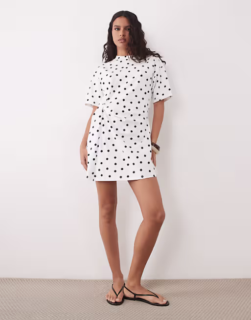 wrapped waist mini dress with lace hem in mono polka dot