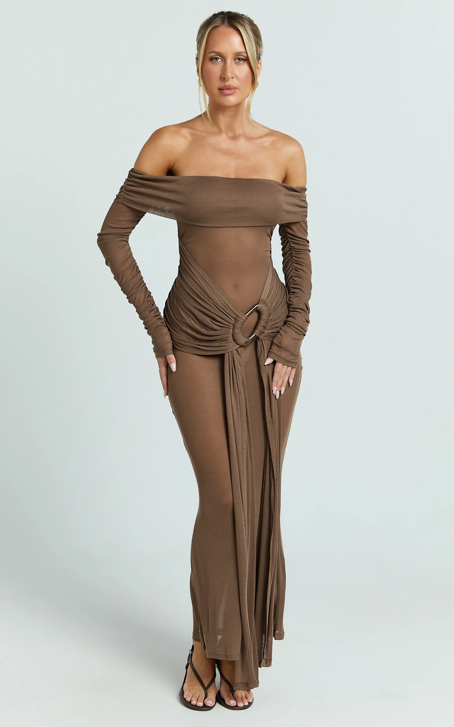 Velma Maxi Dress - Jersey Long Sleeve Off Shoulder Twist Skirt Dress in Brown
