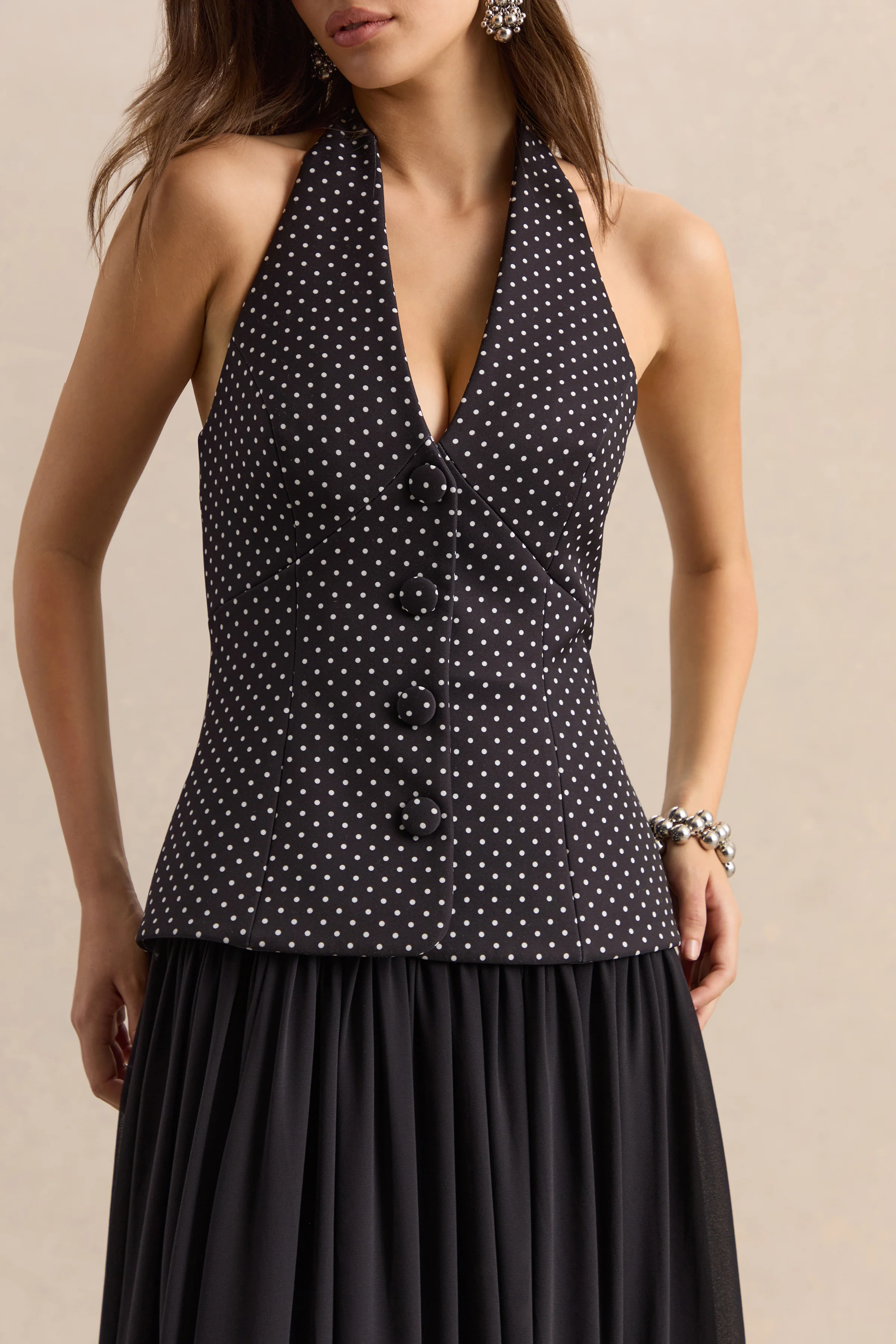 Zarina | Black & White Polka-Dot Plunge-Neck Maxi Dress