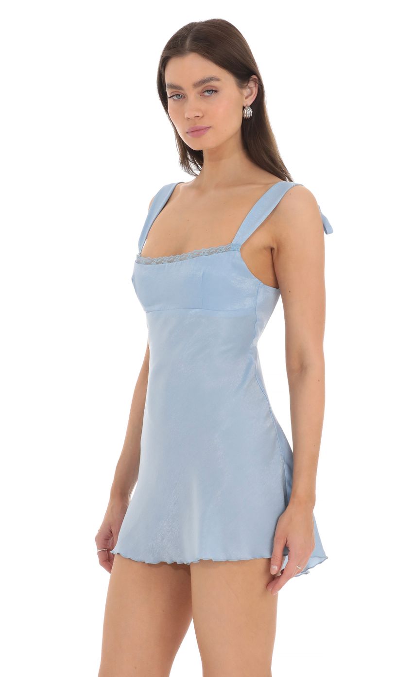 Satin Lace Trim Open Back Dress in Blue