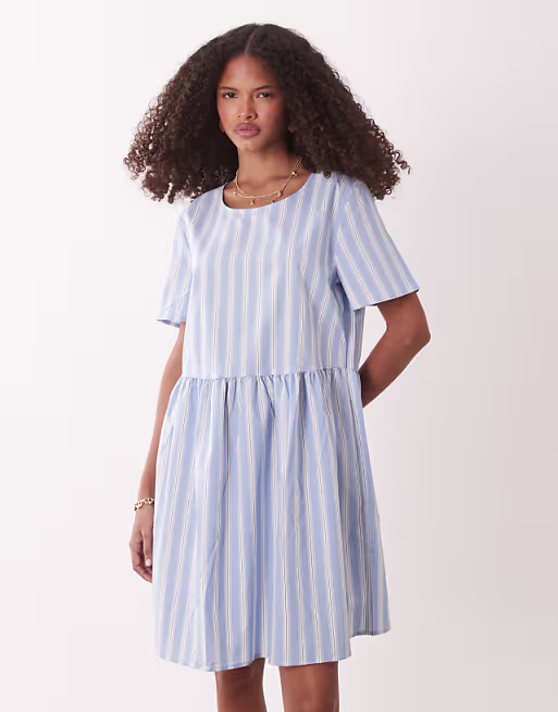 JDY short sleeve mini dress in light blue stripes
