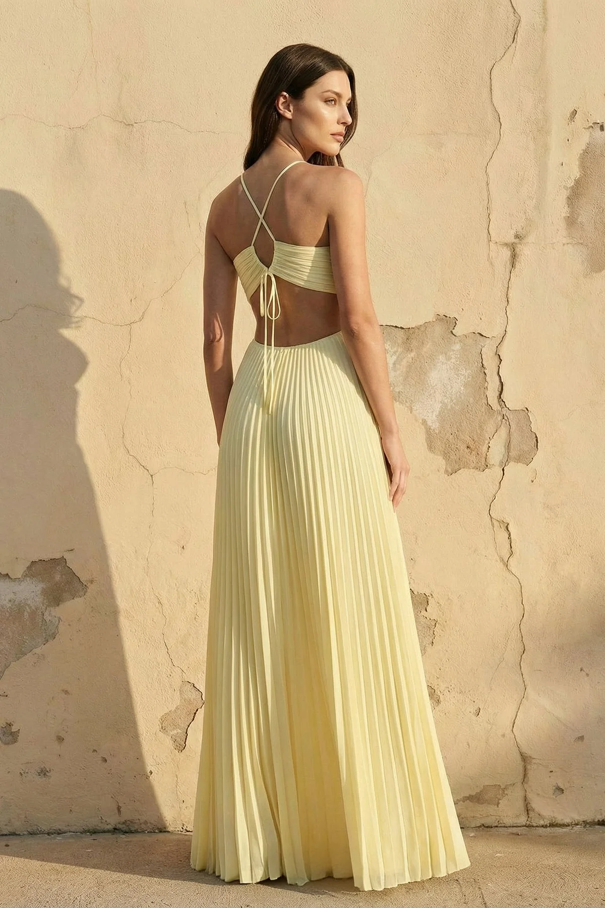 Halter Pleated Maxi Dress With Cutout in Yellow - luluinthesky