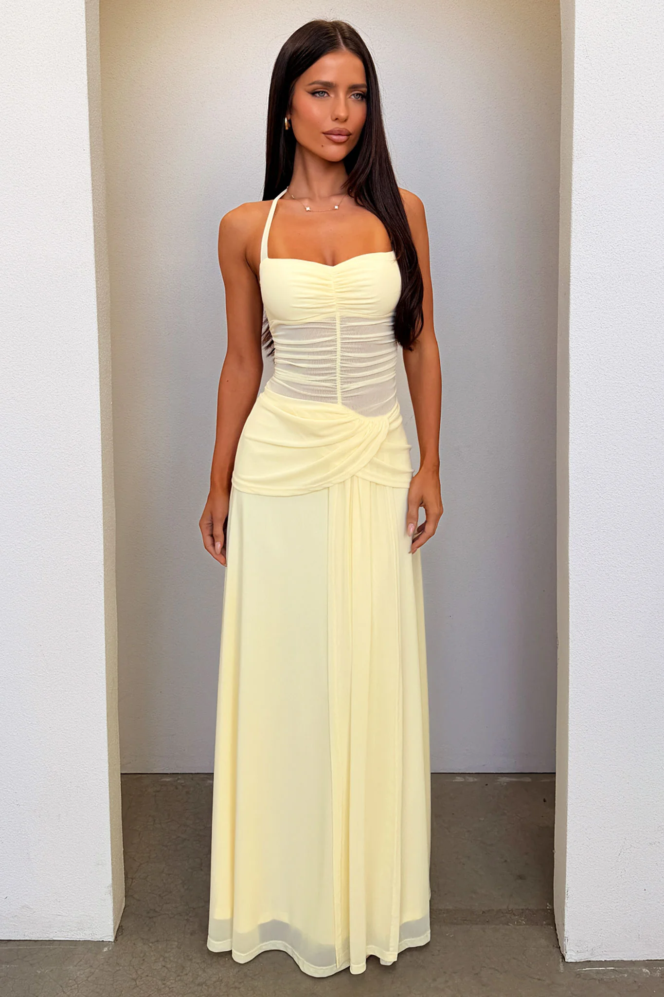 Gabrielle Haleterneck Mesh Maxi Dress - Yellow