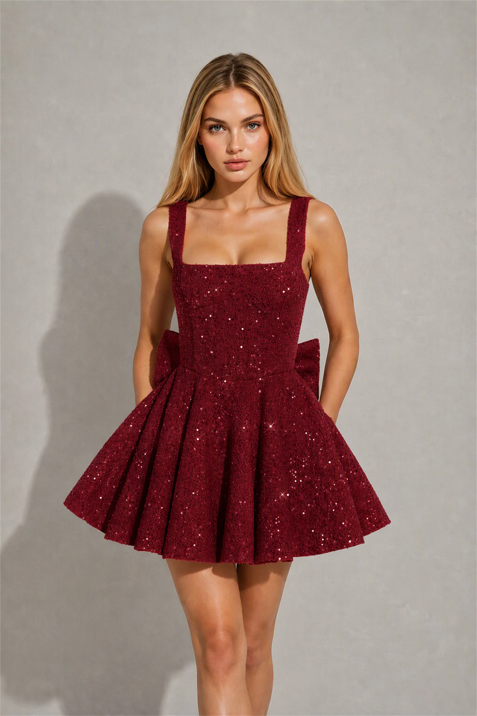 BOLODOO Burgundy Sequin Square Neck Wide Strap Bow Waist Open Back Fit and Flare Mini Dress | Prom Birthday Party Dress