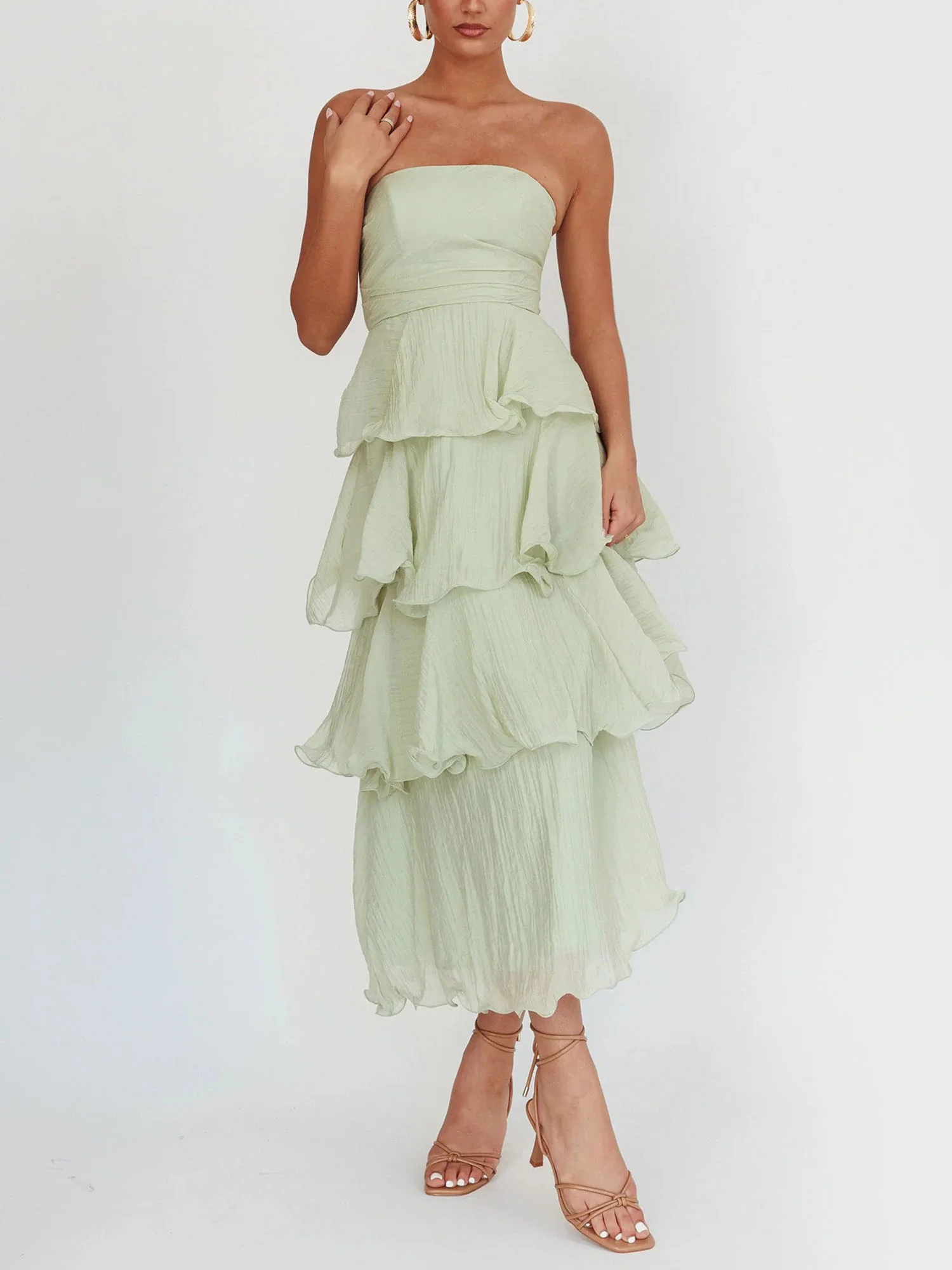 Light Green Strapless Tiered Midi Dress