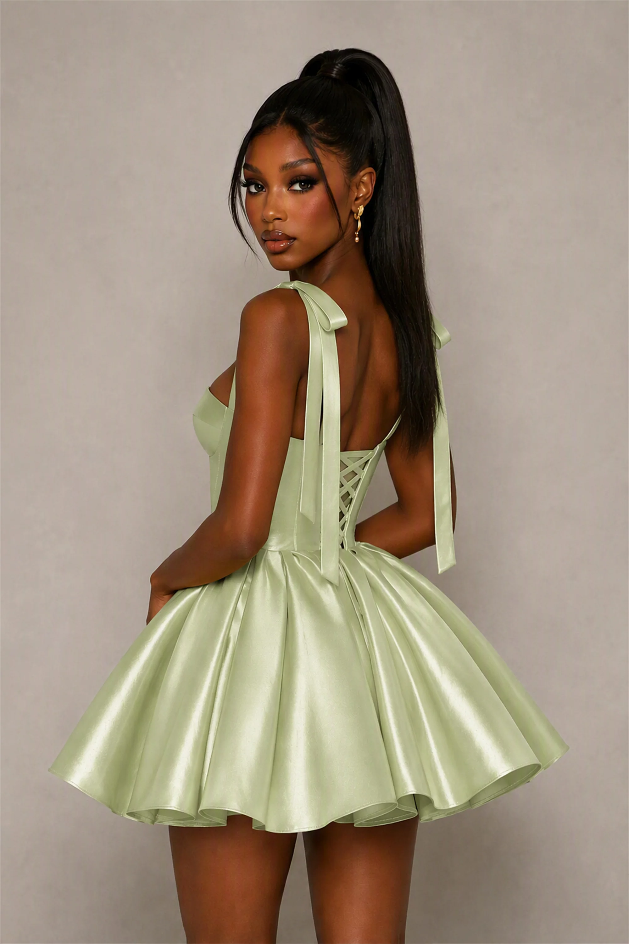 BOLODOO Sage Green Satin Sweetheart Corset Bow Strap Lace-Up Open Back Full Skirt Mini Dress | Prom Cocktail Party Dress