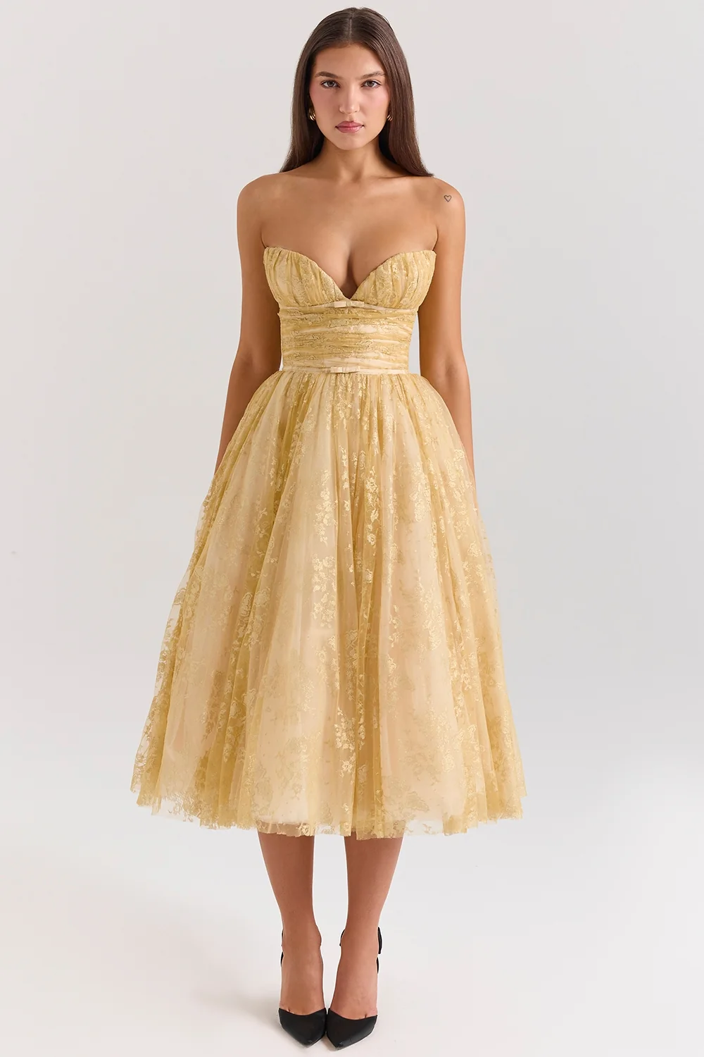 gold metallic lace tulle midi gown