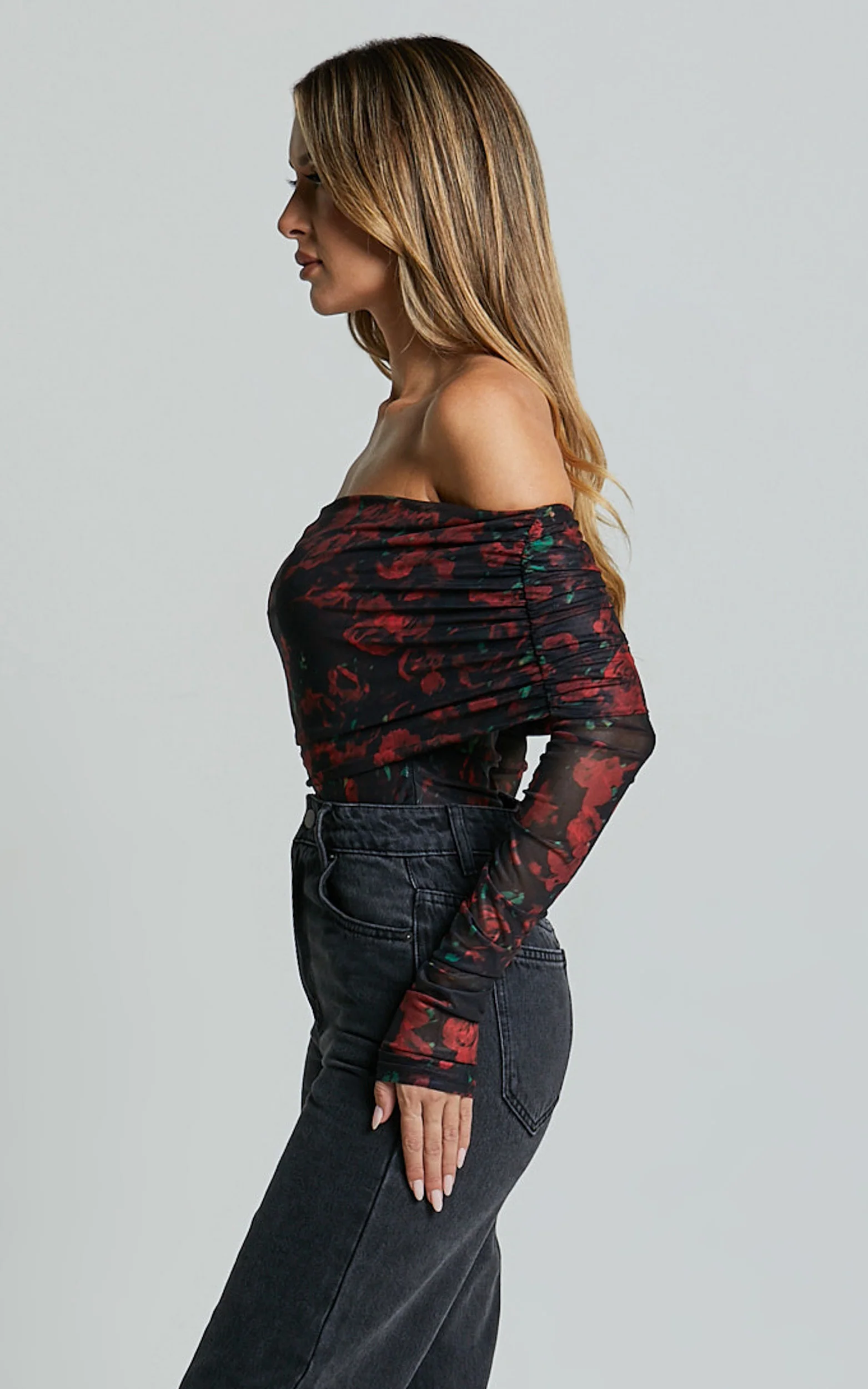 Jaythen Bodysuit - Long Sleeve Off Shoulder Ruched Mesh Bodysuit in Red Rose