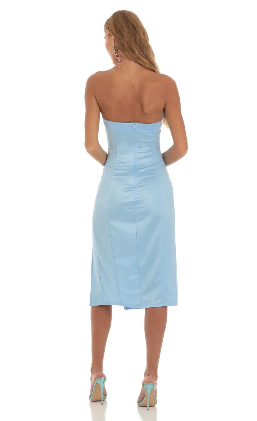 Satin Strapless Midi Dress in Blue - luluinthesky