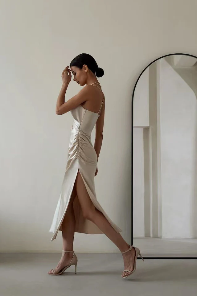 Ruched Trim High Split Cami Midi Dress