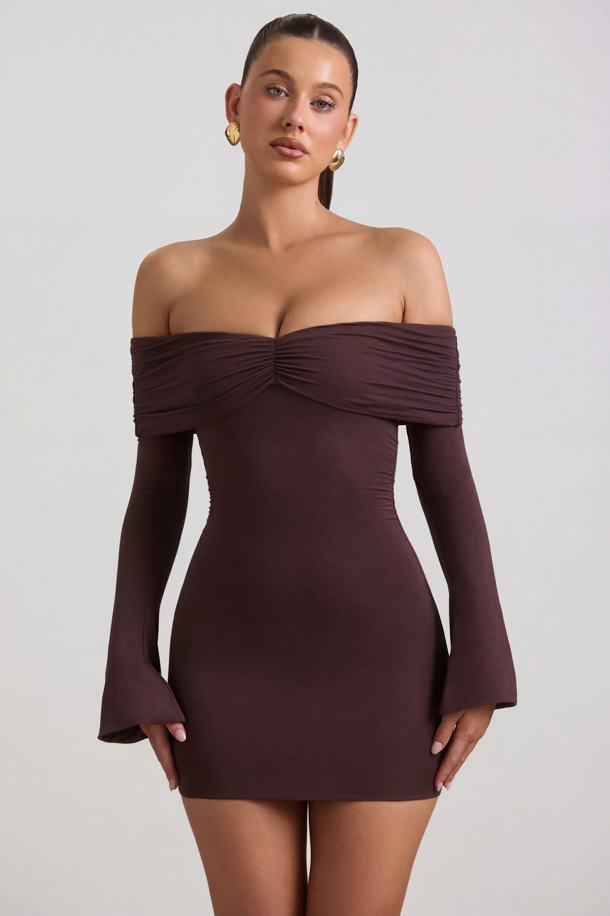 Modal-Cashmere Blend Off-Shoulder Ruched Mini Dress in Espresso