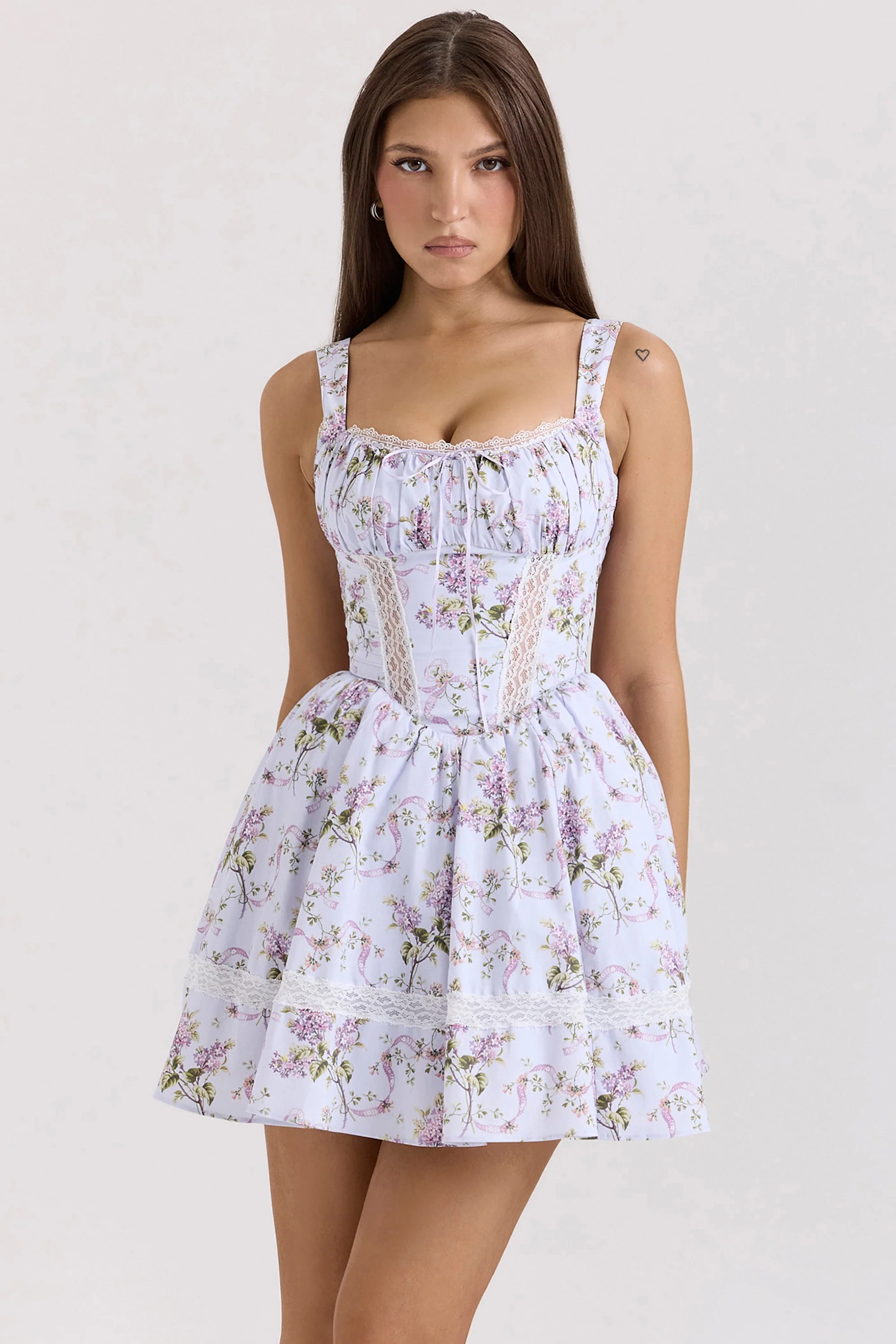 lilac ribbon print cotton mini dress