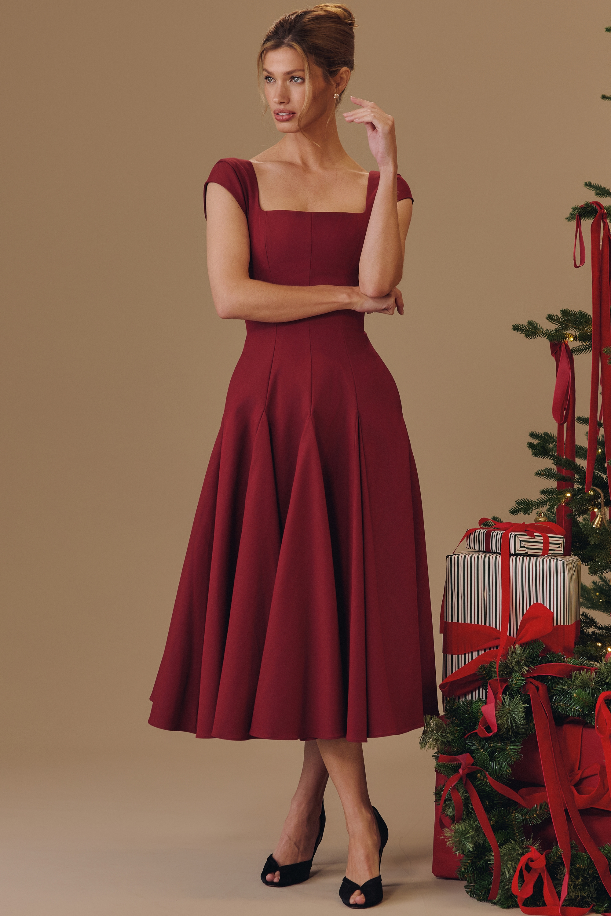 wine lace back twill midi dress