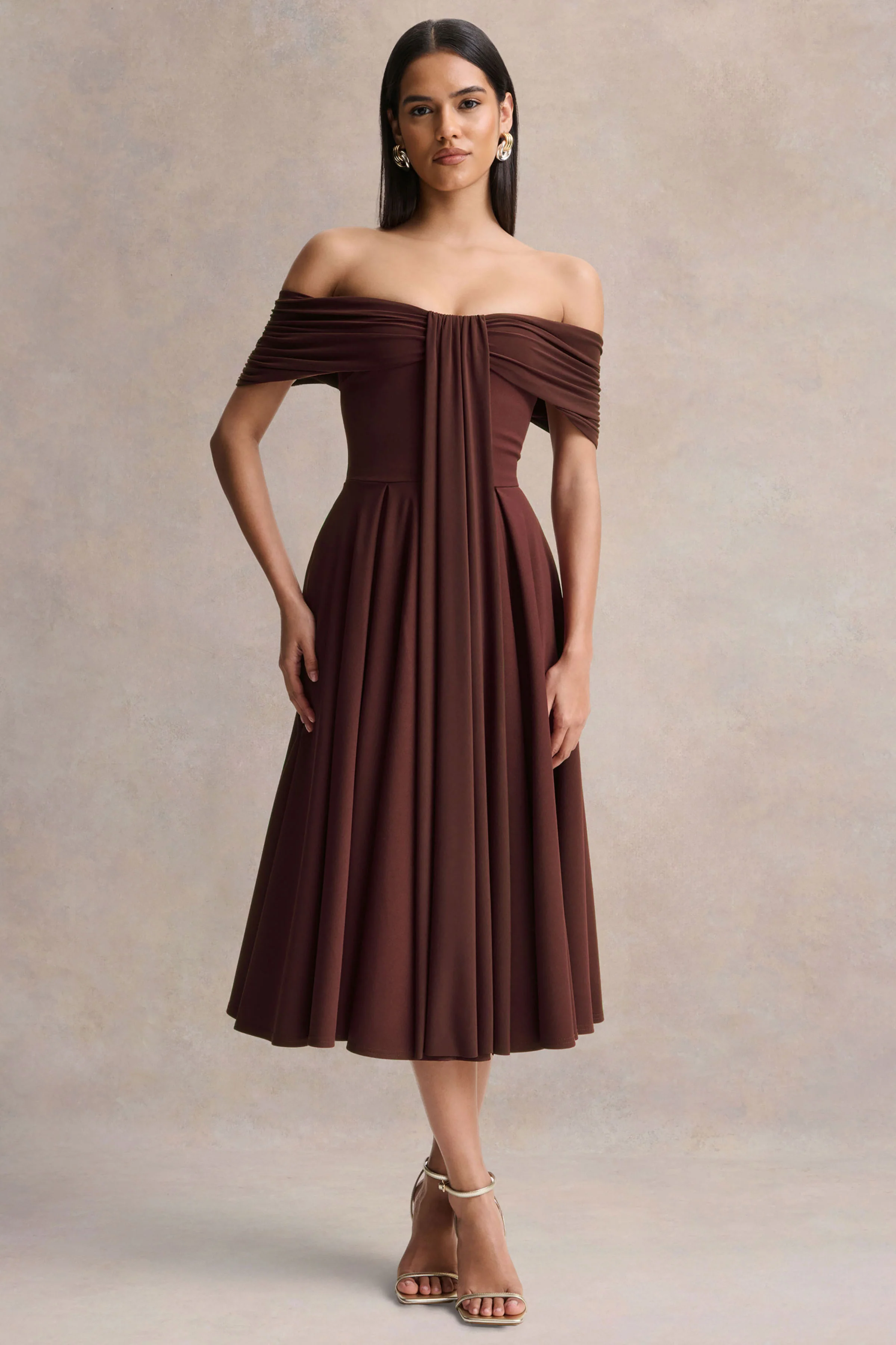 Dearest | Brown Bardot-Neck Midi Dress