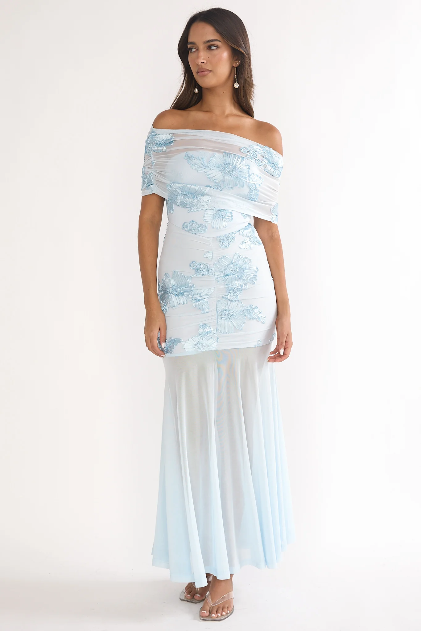 Clarita Sheer Ruched Maxi Dress Embellished Blue - luluinthesky
