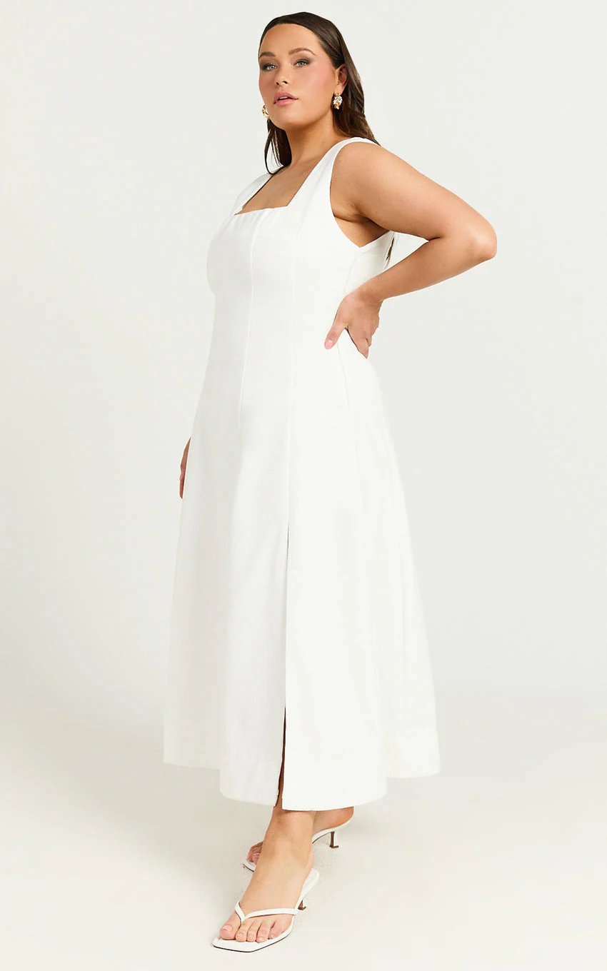 Walters Midi Dress - Square Neck Shirred Back Fit and Flare Panel Dress in White - luluinthesky