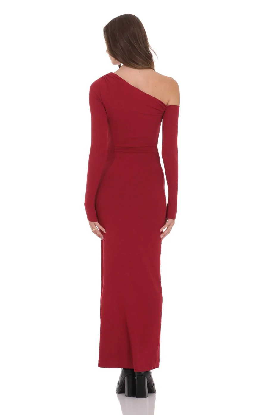 Off Shoulder Long Sleeve Maxi Dress in Red