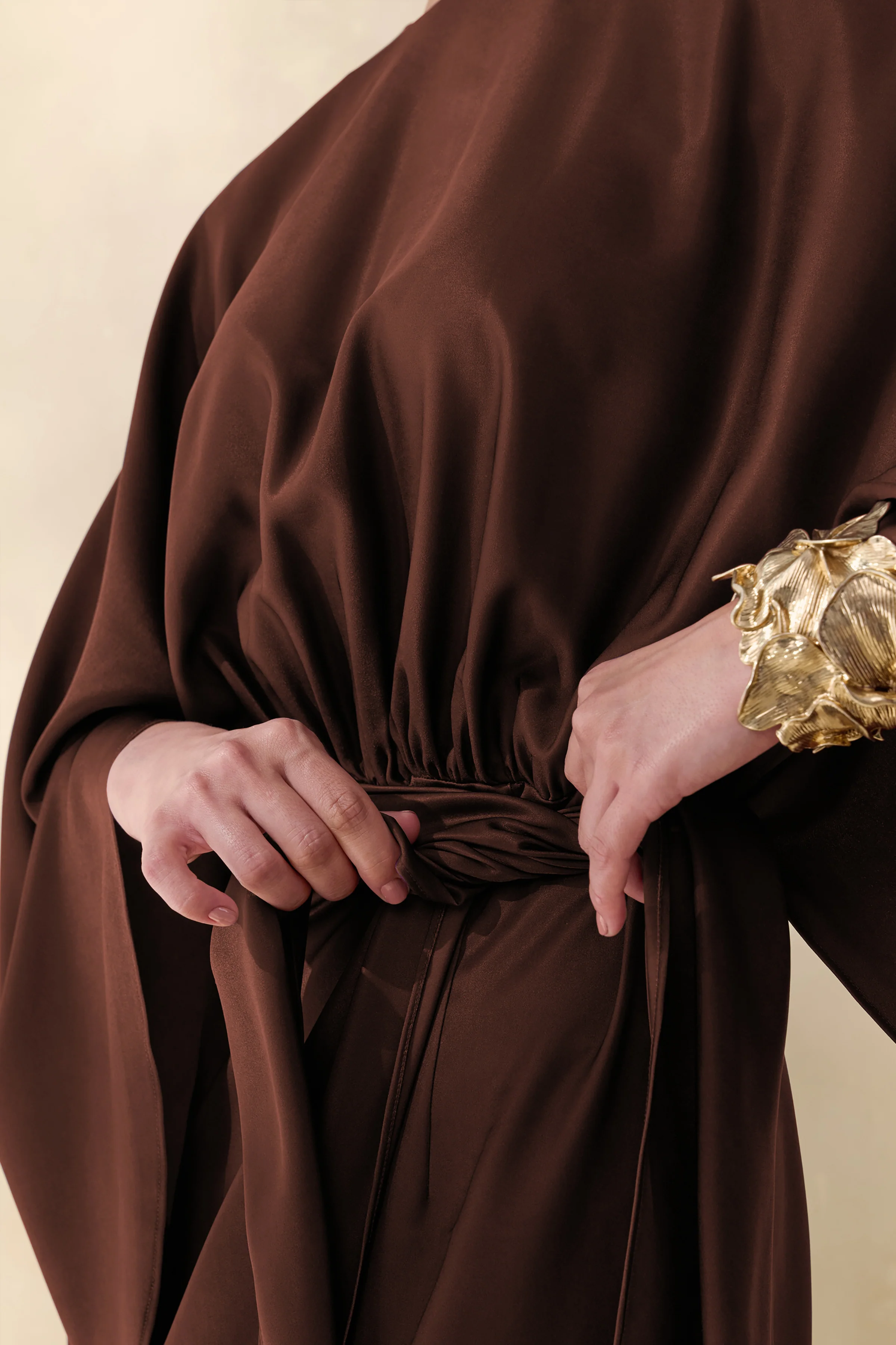 Delphina | Brown Satin Maxi Dress With Gathered And Knot-Detail