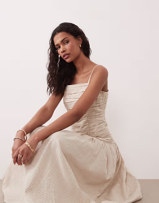 Brave Soul strappy midi dress with ruched bodice in brown gingham plaid