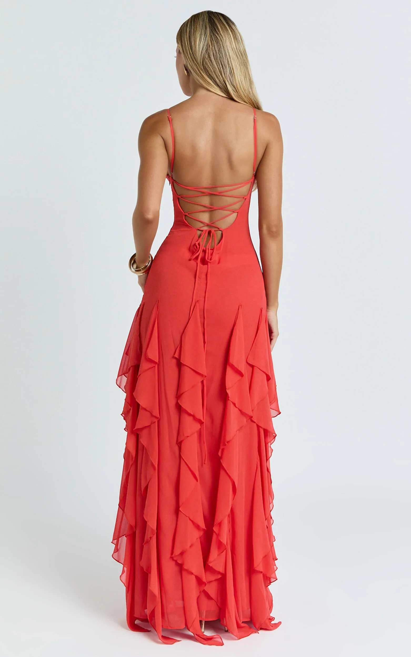 Maeve Maxi Dress - V Neck Ruffle Tier Slip Dress in Chilli