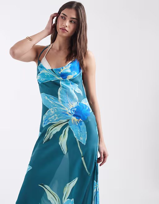 Aray sheer beach maxi dress in blue floral print